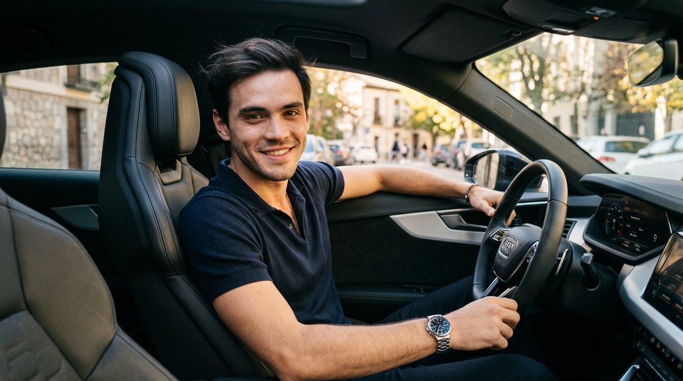 Gabriel Guevara net worth candid lifestyle photo sitting inside luxury car in Madrid