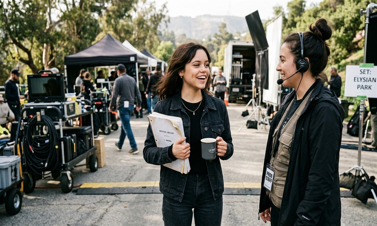 Jenna Ortega net worth and career earnings candid film set portrait