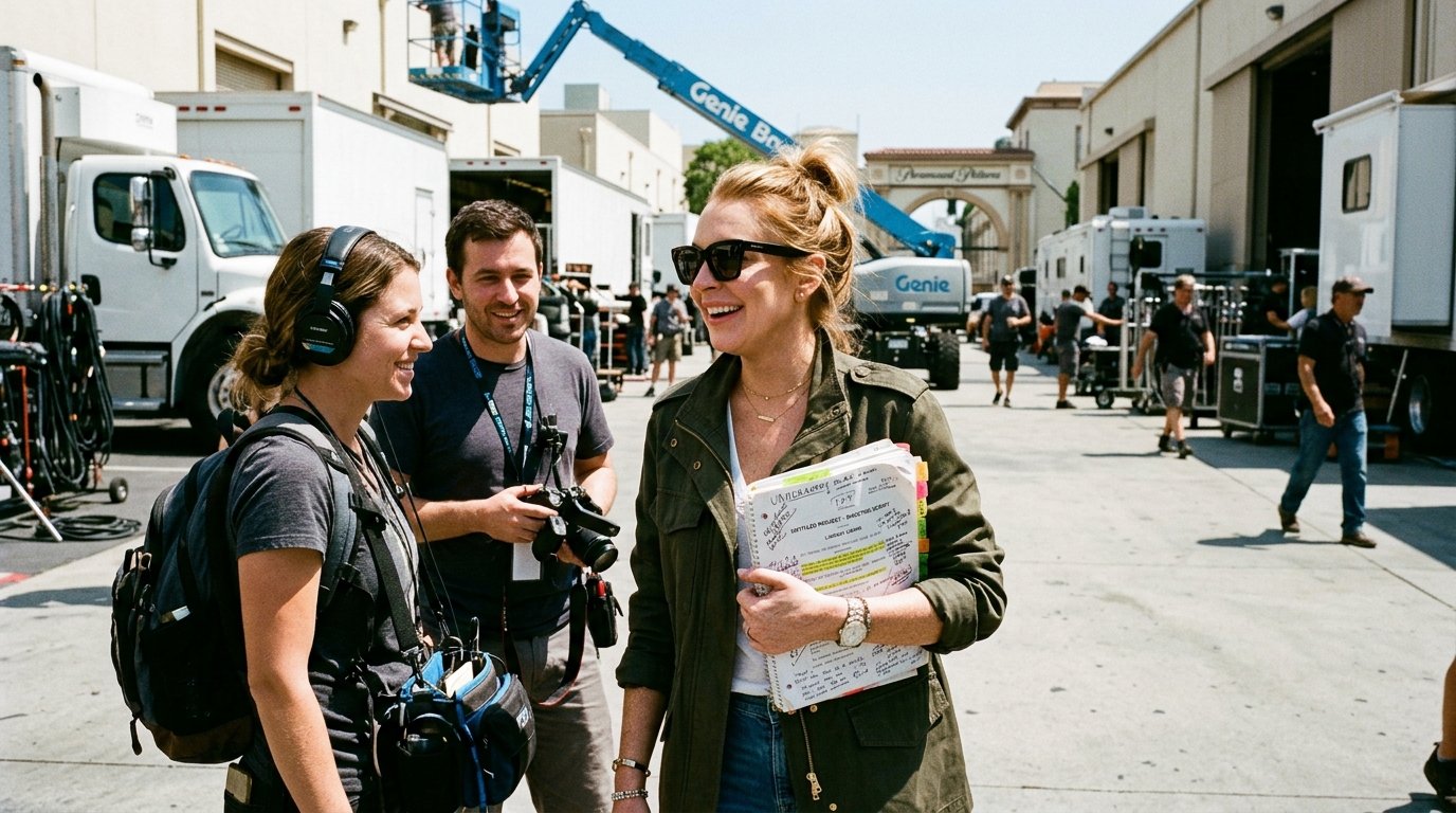 Lindsay Lohan on Paramount Pictures studio backlot holding script