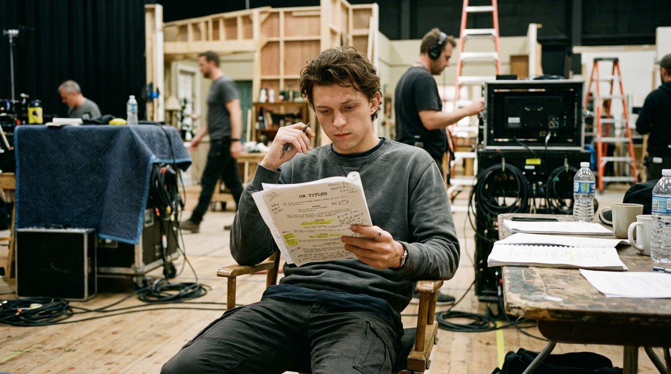 Tom Holland net worth candid rehearsal photo on movie set